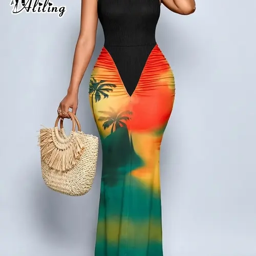 Aliling Elegant Chic Summer Casual Bodycon Maxi Dress, Two-Tone Solid & Printed, Tailored Slim-Fit Hip-Hugging Silhouette, Ideal for Leisure, Vacations and Parties, Stylish Women's Fashion, Bodycon Knit Dress