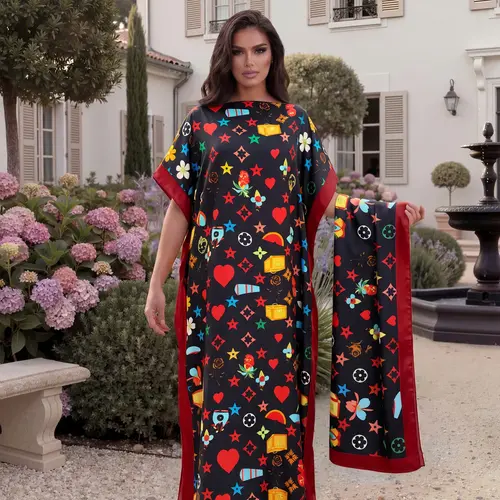 Fashionable Elegant Full-Body Print Robe Set, Moo Moo Long Dress + Headscarf Scarf, Women's Beach Sun Protection Silk Shawl