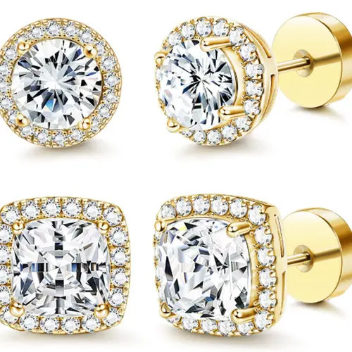 Women's 4-Piece 925 Sterling Silver-Plated Brass Earring Stacking Set - Round/Square Brilliant Cut Baroque Halo Studs, Lightweight Hypoallergenic Screw Backs, Tarnish-Proof Sparkle Jewelry for Adults' Daily Wear, Anniversary/Birthday Gifts