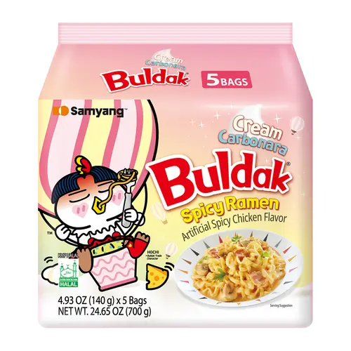 Buldak Authentic Korean Instant Noodles - Cream Carbonara Flavor, Cheesy, Creamy, Bold Heat + Cream, 5-Pack for Sharing (5 Bags)