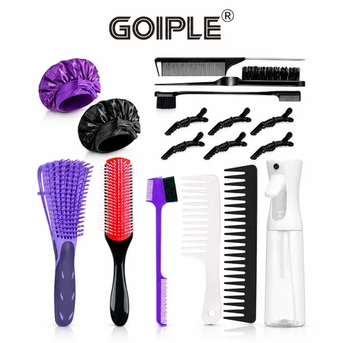 Goiple 17-Piece Hair Brush Set - Non-Slip Grip Hairdress Supplies with Wide-Tooth Comb, 9-Row Detangler Brush, Satin Bonnet, Curly Hair & All Types (Purple), Hair Brush Curly Hair