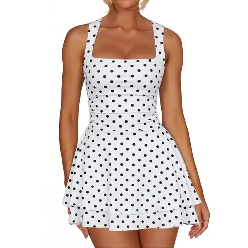 Kaximil Women's Snatched Polka Dot Casual Dress - Square Neck, Sleeveless, Ruched Basque Waist, Ruffle Hem A-Line, High-Stretch Shape-Hold Knit, Smooth Fit Pull-On Casual Wear, Mini Length, Tummy-Flattering Outfit for 2026 Graduation, Going Out