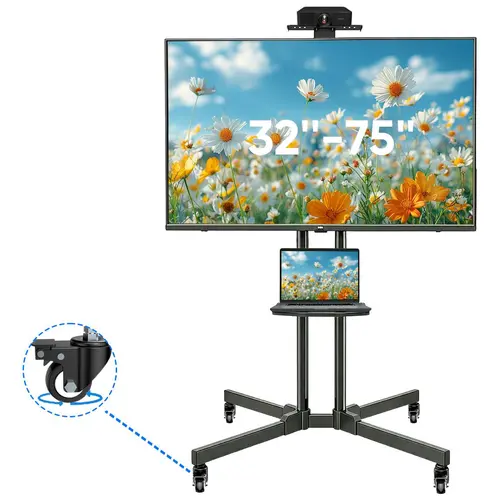 FORGING MOUNT Forged Dual-Pole Mobile Freestanding TV Stand Living Room, Fits 32-85-inch LCD/LED Flat-Panel/Curved TVs, 15° Tilt, 110 LBS Capacity, Max VESA 600x400mm, Laptop Holder, Floor-Rollable, Locking Wheels, Height-Adjustable, Requires Setup