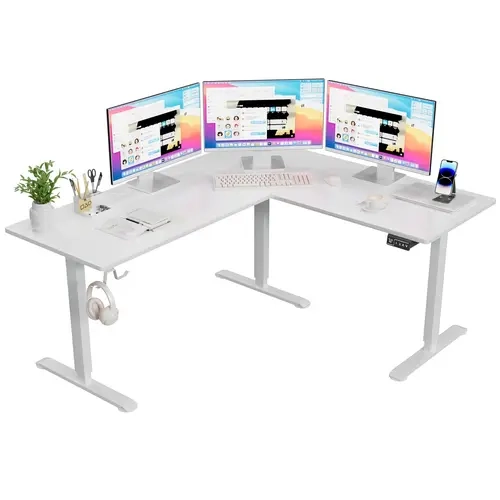 Electric L-Shaped Adjustable Height Corner Standing Desk - 63x55 In Commercial Office Furniture Workstation, Ergonomic Computer Working Desk with Preset Heights, Headphone Hook, Multi-Monitor Fit, Corner Space Boost for WFH, Gaming Setups
