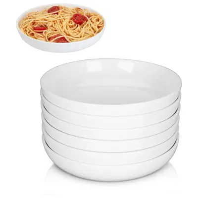 Professional Set of 6 Porcelain Pasta Bowls and Dinner Plates – 8 Inch Large Shallow Ceramic Bowls for Salad, Noodles, Soup, Main Courses – Stackable, Microwave & Dishwasher Safe – Ideal for Dining Services