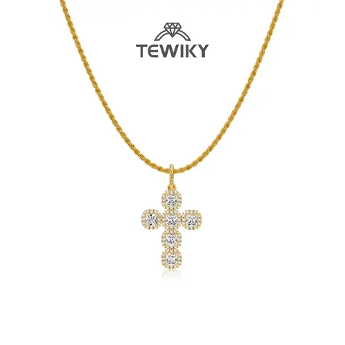 TEWIKY 14K Gold Plated Gold 3mm Twisted Rope Cubic Zirconia Cross Pendant Necklace Women's Fashion Jewelry Necklace Accessory, Jewelry Gift, Daily Wear Choice