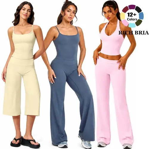 RICH BRIA SOFTMOTION Sports Set, Tank Top & Wide Leg Pants,  Yoga Gym Vest Workout Tops, Womens Fitness Activewear Fashion Outdoor Gymwear Comfort Straight Leg Yoga Pants Matching Set