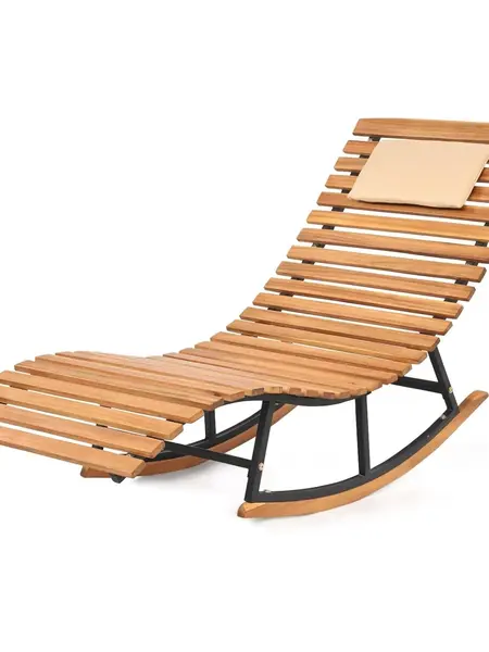 COSTWAY Outdoor Rocking Chaise, Lounge Acacia Wood Patio Lounger with Slatted Seat & S-Shaped Design, Rocking Sun Lounge with Padded Headrest, for Backyard Poolside Garden
