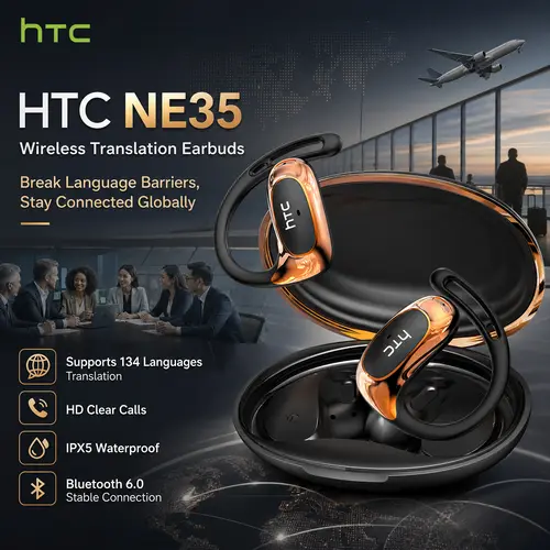 hTC Open-Ear Bluetooth Earbuds - Translator Headset for Travel & Sports, Real-Time 134-Language Translation via App, Bluetooth 6.0 Wireless Earbuds for Music & Calls, IPX5 Water-Resistant, Long Battery Life