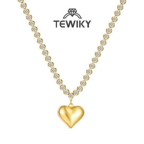 TEWIKY 14K Gold Plated 4mm Round Cubic Zirconia Chain with 18*15mm Smooth Chubby Heart Pendant Necklace, Birthday Gift, Elegant and Fashionable Women's Jewelry Necklace, Suitable for Various Occasions Back To School