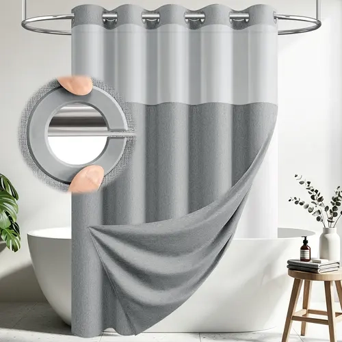 DYNAMENE Hookless Faux-Linen 2-Layer Cream 1-Piece Bathroom Accessories Shower Curtain Set - Snap-In Waterproof Liner, Mesh Window, Weighted Magnets, Machine Washable for Bathroom, RV Use