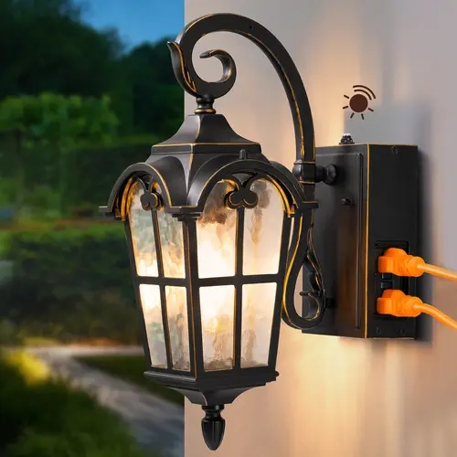 EDISHINE Vintage Aluminum Exterior Lighted Lantern - Dusk Sensor Outdoor Wall Sconce with GFCI Outlet, E26 Socket, Water Ripple Design, Waterproof, 1800W, Incandescent Bulb Compatible, for Front Door, Patio, Exterior Lighted Lanterns