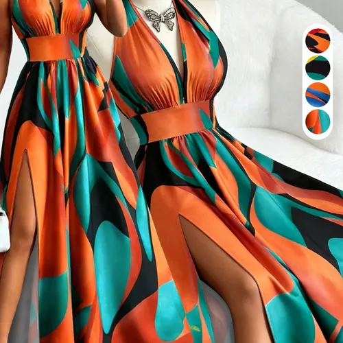 【Black Friday】Printed Halter Long Dress, Deep V Neck Split Dress, Vintage Style, Sleeveless Backless Design for Beach Vacation, Summer Dresses