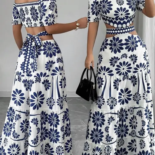 Blue Floral Low Back Dress, Boho Style Bohemian Fashion Vacation Dress, Porcelain Print Set, Summer Beach, Elegant Casual Wear, Boho Style Dresses, Ff2609