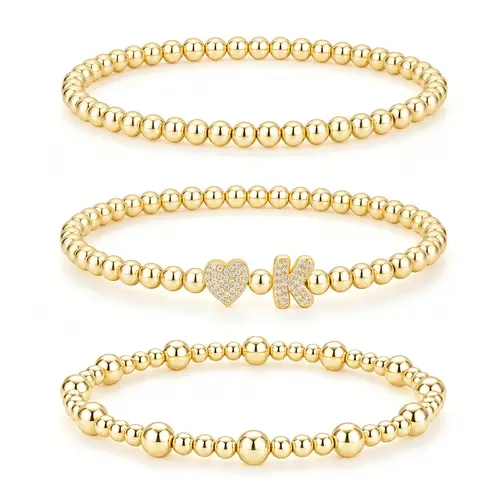 Turandoss Women's 3-Piece Lead-Free Solid Copper Minimalist Gold-Tone Beaded Bracelet Set for Women - Sparkling CZ Heart, Initial Charm Stretch Bracelets & Bangles, Female Anniversary Gift for Daily Elegance