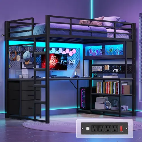 Sikaic Twin Loft Bed with L-Shaped Gaming Desk, Storage Drawers & Hutch, RGB LED Lights, Built-In Charging Station, Metal Loft Bed Frame with Safety Guardrails, Space-Saving Twin Bed for Teens, Home Furniture Christmas Gifts [TiktokShopFallDealsForYou]