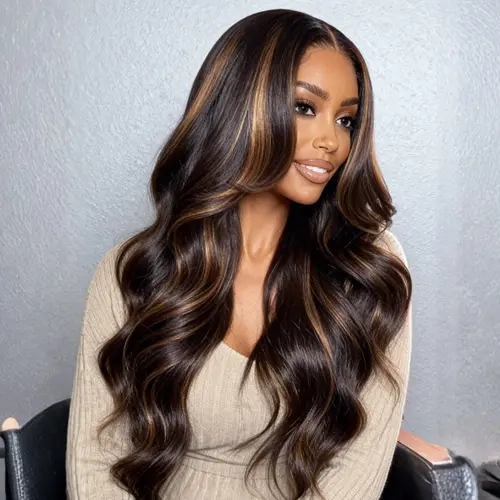 UNice Byebye Slip Black with Caramel Highlights Glueless HD Lace Closure Wig - 7x5 Closure, 16-26 in, Drawstring Cap, High Density, Summer-Ready Fashion Accessory
