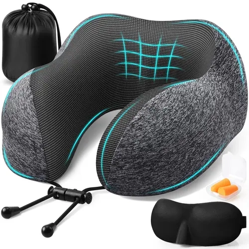 Memory Foam Travel Neck Pillow - Breathable Vented, Airline-Compatible, with Hang-On Drawstring, Contour Eye Mask, Earplugs, Magnetic Therapy Fabric & Storage Bag for Airplane Sleep, Airline-Compatible Travel Pillows