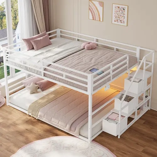 Sikaic Full Over Full Low Bunk Bed with Stairs, 3 Storage Drawers, RGB LED Lights & Power Outlet, Metal Floor Bunk Bed with Storage Shelves, Safety Guardrails, Space-Saving Bed Frame for Kids & Teens, Home Furniture Christmas Gifts [TiktokShopFallDealsFor