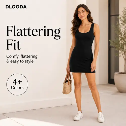 DLOODA Women's Sporty Athleisure Workout Dress - U-Neck, Sleeveless, Solid, Pocketed, Machine-Washable Active Dress with Built-in Shorts, Elegant, Easy to Style for Tennis/Golf
