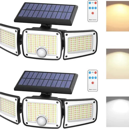 Solar Flood Lights Outdoor, 3 Color Temperature 280 LED 3000LM Solar Motion Sensor Lights Outdoor, IP65 Waterproof 3000mah 3 Heads Wall Security Light, 270° Wide Angle, Garage, Pool, Garden, 2 Pack