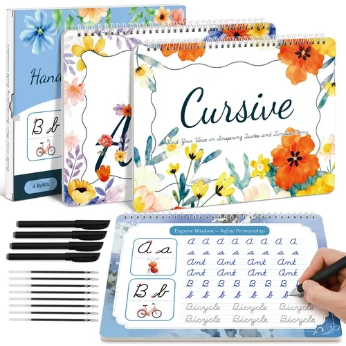 3D Grooved Magic Reusable Cursive Handwriting Workbook - 2 Books, 4 Refills, Magic Ink, Homeschool Supplies, Office Stationery, Disappearing Ink Tracing Guide, Muscle Memory Building, Letters, Words, Inspirational Quotes, Builds Confidence