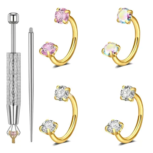 PUKEGM 4PCS Double CZ Nose Rings with Insertion Taper & Gem Grabber Tool, 20G 8mm Internally Threaded Horseshoe Septum Rings, Gold & Silver Tone Piercing Jewellery for Women & Men