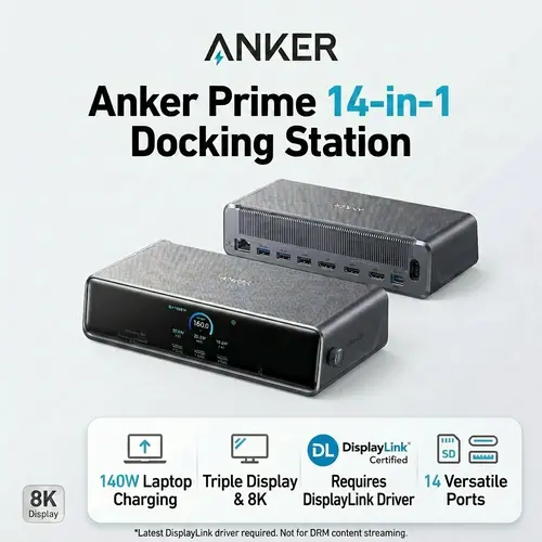 Anker Prime 14-in-1 Docking Station (DL7400) - PC Accessories for PC & Laptop Users, 14 Connections, Triple 4K 60Hz DisplayLink, 140W Max 140W Upstream, Smart Display, Cooling Fan, USB-A, DisplayPort, Charging Ports (Requires Latest DisplayLink Driver)