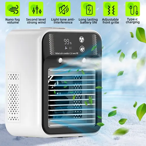 Rechargeable Portable Car Evaporative Mist Cooler Fan‑3‑in‑1 Fan with 2 Mist Speeds,25W Motor,Long‑Lasting 1800mAh Battery,500ml Water Tank,USB Adapter,Sleep Cooling Mode,Ideal for Car,RV,Camping,Bedroom Use (Not an AC Unit)