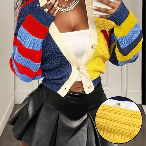 Women's Colorful Striped Knit Fabric Cardigan, Oversize Fit Long Sleeve V-Neck Short Design, Casual Comfortable Knit Jacket, Spring & Fall Fashion Knitwear, Soft Knitwear Cardigan