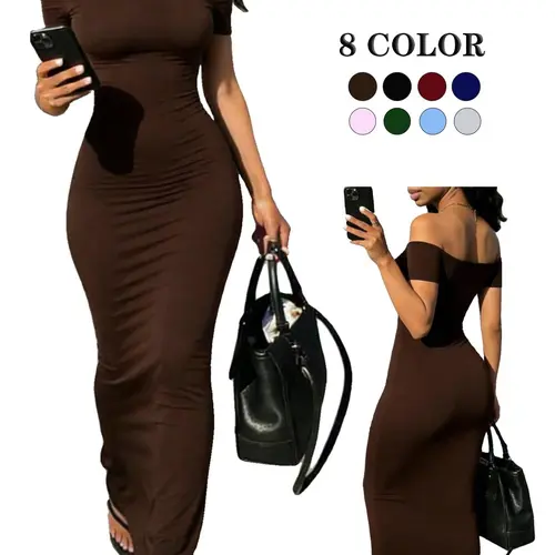 Off Shoulder Bodycon Long Dress's High Elastic Fabric, Slimming Versatile Outfit, Ideal for Daily Wear and Dating, Date Night Outfit