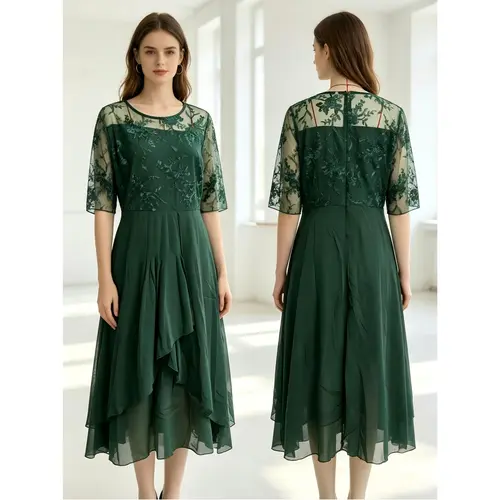 Women's Chic Lady Solid Ocean-Style Round Neck Short-Sleeve Chiffon Spliced Lace Hollow-Out Maxi Dress - Elegant Formal Bridesmaid Wedding Dresses for Evening Occasions