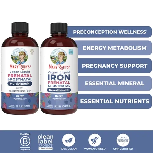 MaryRuth's Prenatal & Postnatal Liquid Multivitamin & Iron Bundle - Prenatal & Postnatal Liquid Multivitamin - Prenatal Postnatal Iron Liquid 15.22 oz - Vegan - Sugar Free