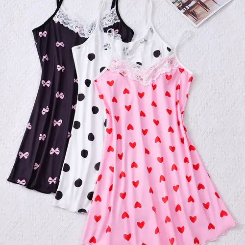 Women's 3-Piece Lace Trim Sexy Spaghetti Strap Nightgown, Comfortable Polyester and Spandex Blend, Cartoon Print Slip Nightie Dress Cute
