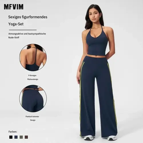 MFVIM Women's 2-Piece Athletic Workout Set - Striped High-Waisted Wide Leg Yoga Pants, Yoga Tank Top for Pilates, Gym Activities, Women's Two Piece Set, Tank Tops