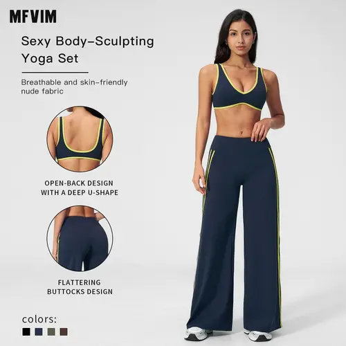 MFVIM Women's 2-Piece Sports Fitness Set - High Stretch Sporty Color Block Backless Bra & High Waisted Athletic Leggings, Gym Workout Apparel, Outdoor Stretchy Sportswear, Travel Essential