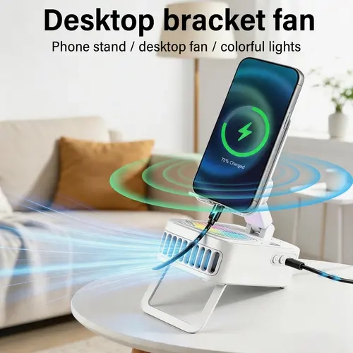 5-in-1 Portable Bluetooth Wireless Plastic Speaker with Tabletop Mount - Rechargeable Fan, 360° Rotating Adjustable Mobile/Tablet Holder, Wireless Induction Audio, Rotating Phone Stand, Lithium Ion Battery, Travel-Ready for Office Use