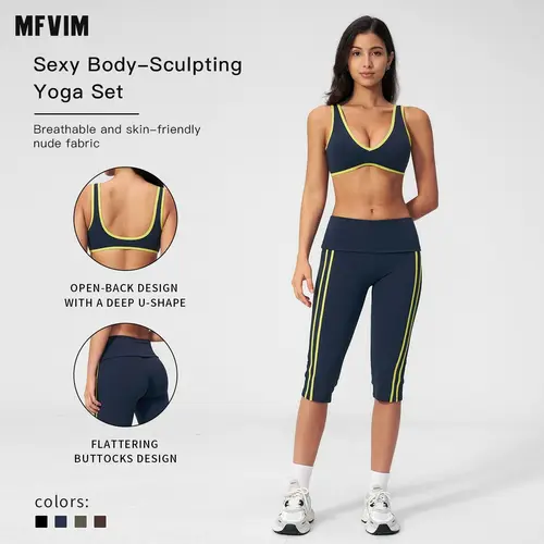 MFVIM Women's 2-Piece Striped Athleisure Set - Color-Block Sports Bra, High-Waisted High Stretch Activewear Shorts, Fitness Clothes Gym Suit for Running, Outdoor Activities, Back to School