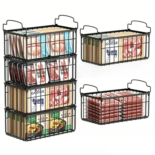 Msercuor Stackable Wire Freezer Organizer Storage Bins - Black 4-Pack, Durable Rustproof Stainless Steel Wireframe Baskets, Open-Frame Design, Airflow-Friendly, Drawer-Ready Fit, Space-Saving Lift-to-Grab Access (2/6/8 Multiple Packs Options)