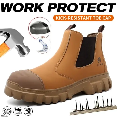 Men's Safety Boot - Steel Toe Workshoes, Basic Work Shoe, PU+Mesh Slip-On, Anti-Smash, Anti-Puncture, Breathable, Slip-Resistant, Black Closed-Toe Protective Footwear for Construction Workers, All Seasons