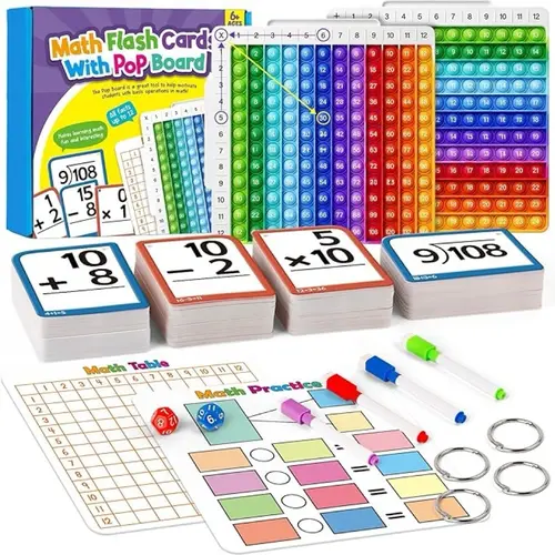 Torlam Unisex Interactive Math Toy Kit for Kids Toys (Ages 4+), 12x12 Math Manipulatives, 332 Double-Side Laminated Smooth Flash Cards, Times Table Chart, Sound Feedback, Portable Bag, Organized Rings, Arithmetic Practice Gift