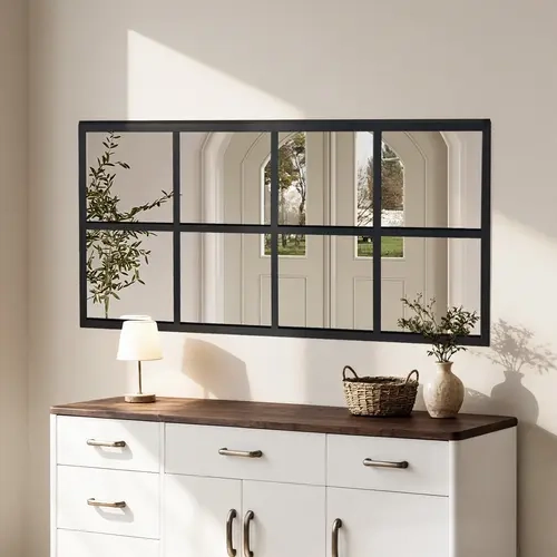 Sweetcrispy 1-Piece Matte Black Metal-and-Glass Grid Pattern Modern Wall Decorative Mirror - Explosion-Safe House Decor for Living Room, Office, Leaning-Hanging Metal and Glass Wall-Mounted Mirror