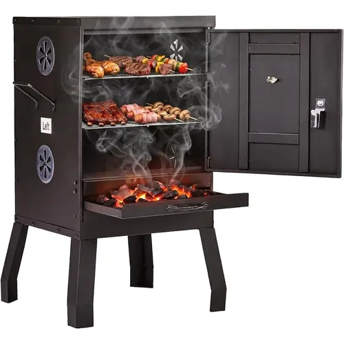 ROVSUN 2-in-1 Outdoor Smoker with Door, Vertical Portable Charcoal Grill with Two Detachable Grill Smoking Racks and Charcoal Pan, Perfect for Camping Barbecue, Small Families, Black