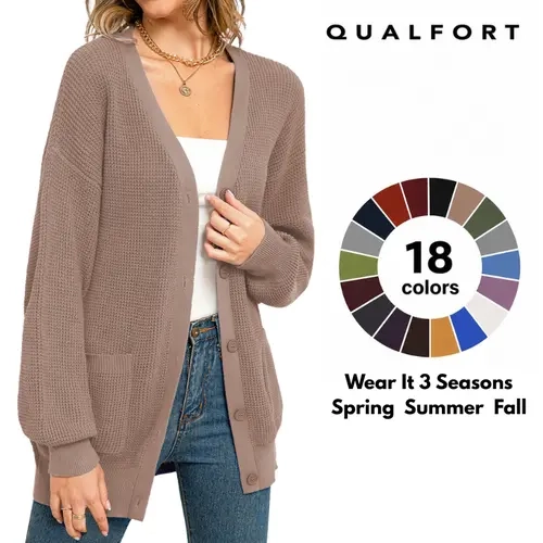 QUALFORT Women's 100% Cotton Classic Cardigans - Soft, Breathable Long-Sleeve V-Neck Button-Down Knitwear with Pockets, Casual Layering Long Sleeve Tops, Sweaters for Women for Spring, Fall
