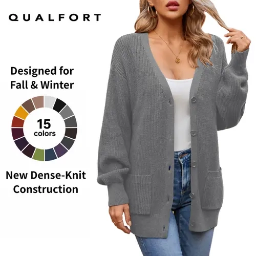 QUALFORT Women's 100% Cotton Knitting Oversized V-Neck Button-Down Cardigan, Long Lantern Sleeves, With Pockets, Classic Womenswear Top