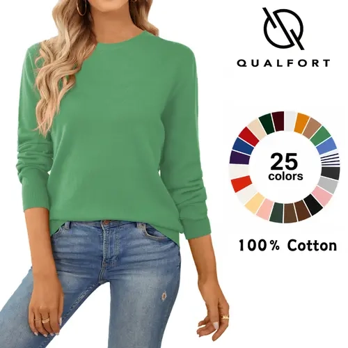 QUALFORT Women's 100% Cotton Crewneck Rib-Knit Pullover Sweater, Lightweight Long Sleeve Knitting Top with Ribbed Cuffs, Regular Fit Casual Basic for Work, Daily Wear, Fall Winter Womenswear