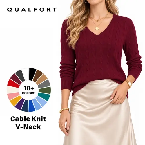 QUALFORT Women's 100% Cotton Chic Cable-Knit Long Sleeve Sweater, Breathable Crew Neck Pullover, Long Sleeve Tops Women for Work Business Casual Office Wear (Spring & Fall)