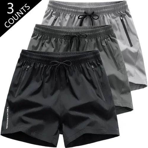 Boys' 3-Pack Sporty Shorts Set - Polyester-Elastane Blend, Quick-Dry, Lightweight, Standard Fit, Breathable Elastic Waistband, Safety Zipper Pockets, 3-Pack Value, Elastic Waist Ease, Light for Running, Outdoor Play Ready, Youth Bottoms
