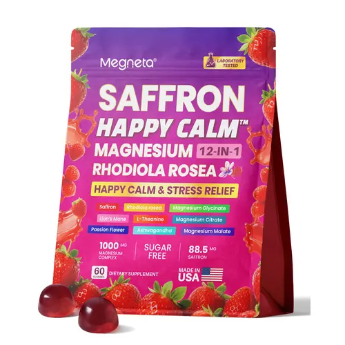 Megneta Happy Calm Gummies-Saffron Mood Munchies with 12-in-1 Magnesium KSM-66 Ashwagandha  GABA L-Theanine Rhodiola Rosea Lion's Mane Supports Cortisol Balance Mood Sleep 60 Gummies No Sugar Non GMO Strawberry Flavor summerwins