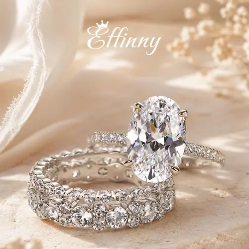 Effinny Non-Tarnish 14K Gold Plated 3.5ct Oval 3PC CZ Wedding Ring Set, Affordable Luxury Promise Jewelry, Elegance Bridal Set Rings For Women